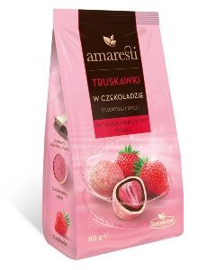 Amaresti Strawberries in chocolate sprinkled with strawberry powder.